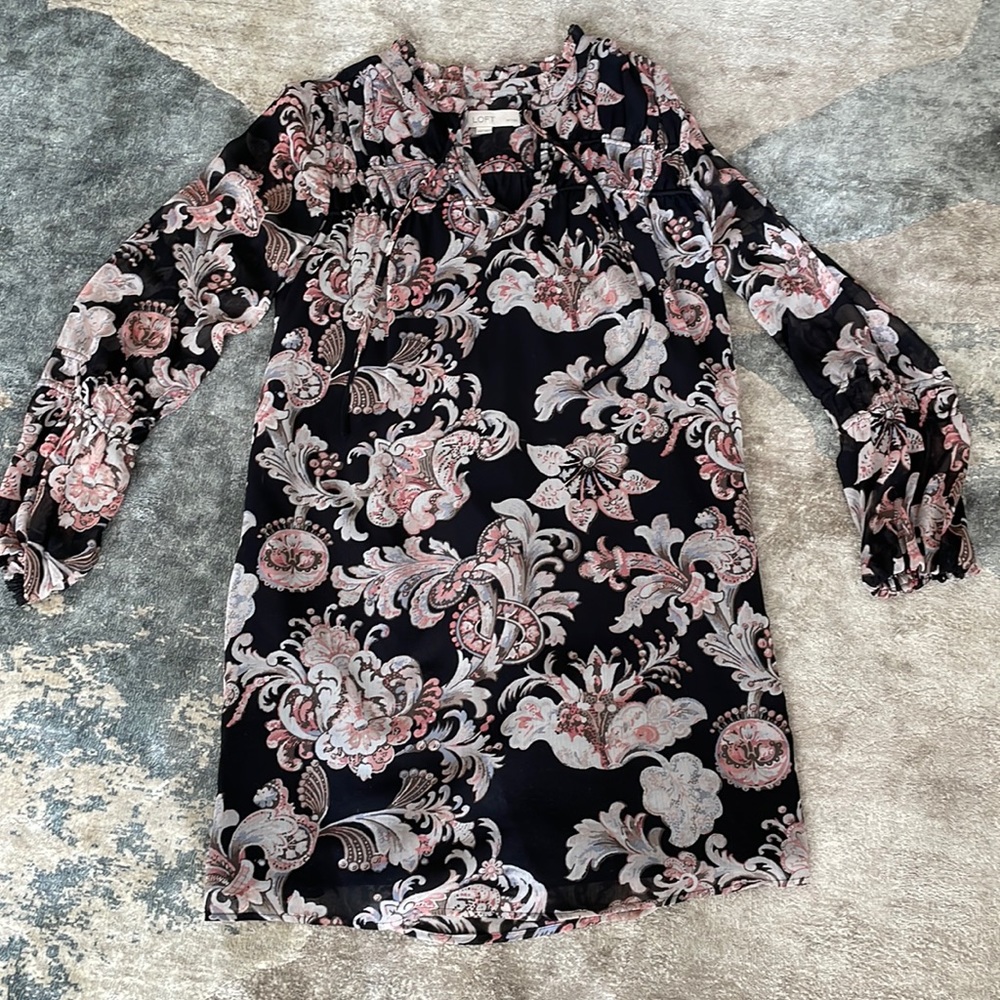 Black long sleeve Loft XXSP chiffon style shift dress